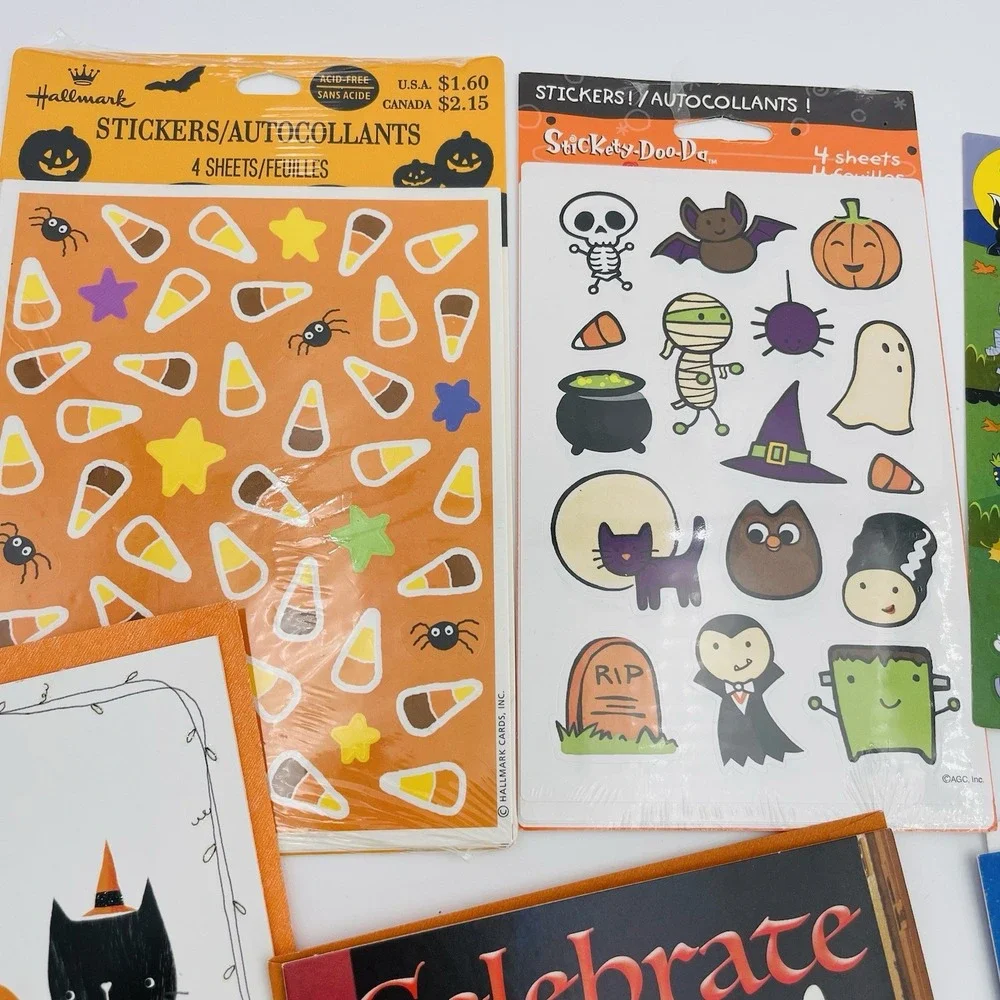 Lot of 7 Halloween Greeting Cards Ghost Cats Dogs Stickers Packs and Sheets‎